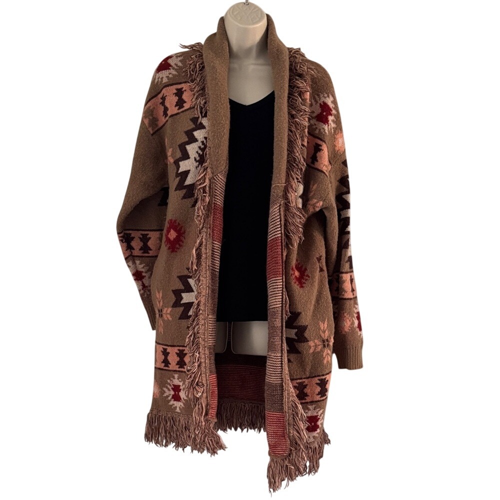 Jodifl Southwestern Fringe Open Front‎ Cardigan Brown Geometric Sweater G7473 M